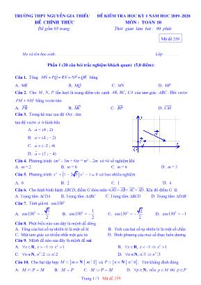 Bộ đề kiểm tra học kì I môn Toán Lớp 10 - Năm học 2019-2020 - Trường THPT Nguyễn Gia Thiều (Có đáp án)